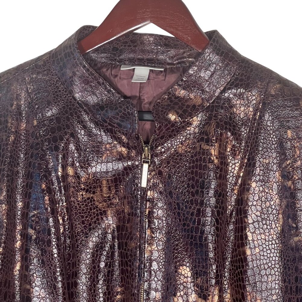 Dressbarn Womens 18/20 Brown Metallic Croc-Embossed Jacket Zip Front Night out